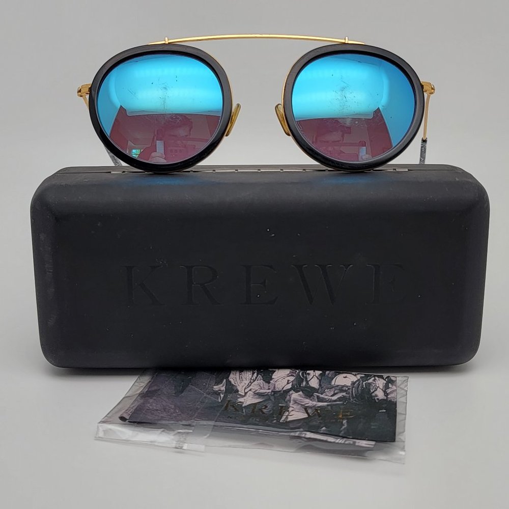 Krewe Conti Black 24K Frame Blue Mirror Lens Sunglasses w/ Case 46-24-136